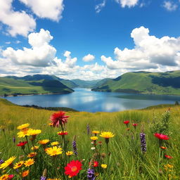 A beautifully remastered photo featuring a stunning landscape with lush green hills, a serene lake reflecting the blue sky, and fluffy white clouds scattered above