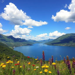 A beautifully remastered photo featuring a stunning landscape with lush green hills, a serene lake reflecting the blue sky, and fluffy white clouds scattered above