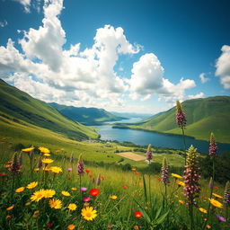 A beautifully remastered photo featuring a stunning landscape with lush green hills, a serene lake reflecting the blue sky, and fluffy white clouds scattered above