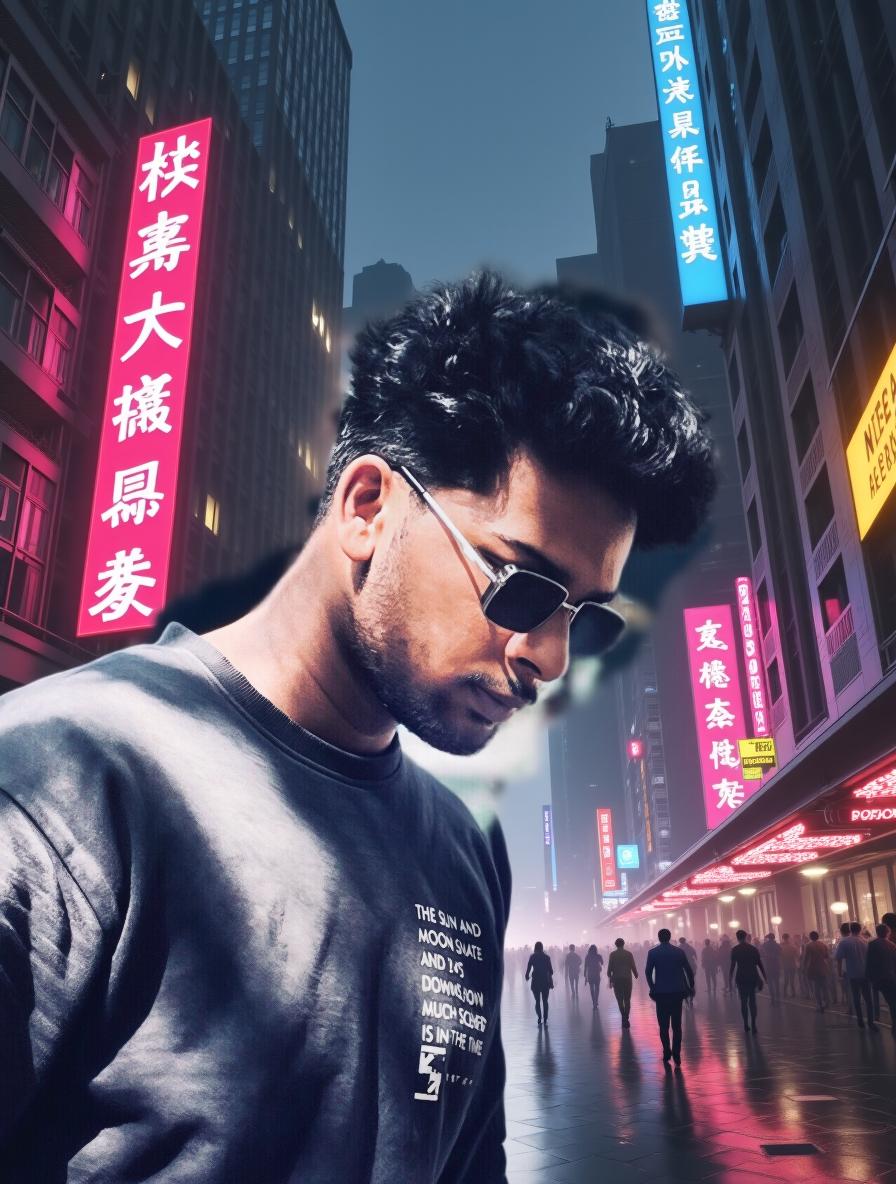 A cyberpunk city scene featuring a young man with curly hair wearing sunglasses and a stylish black sweatshirt