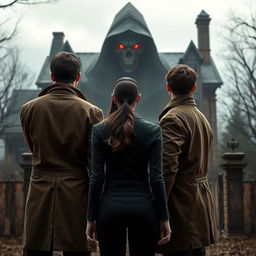 Two young male detectives seen from the back, dressed in stylish detective attire, flanking a young woman who appears curious and bold, also viewed from the back