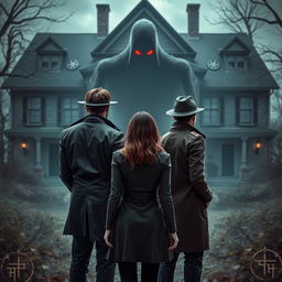 Two young male detectives seen from the back, dressed in stylish detective attire, flanking a young woman who appears curious and bold, also viewed from the back