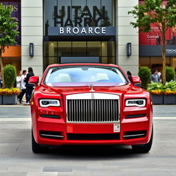 A luxurious red Rolls Royce parked in front of a modern shopping mall, showcasing its elegant design and shiny exterior