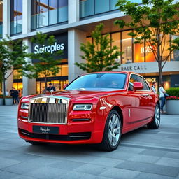 A luxurious red Rolls Royce parked in front of a modern shopping mall, showcasing its elegant design and shiny exterior