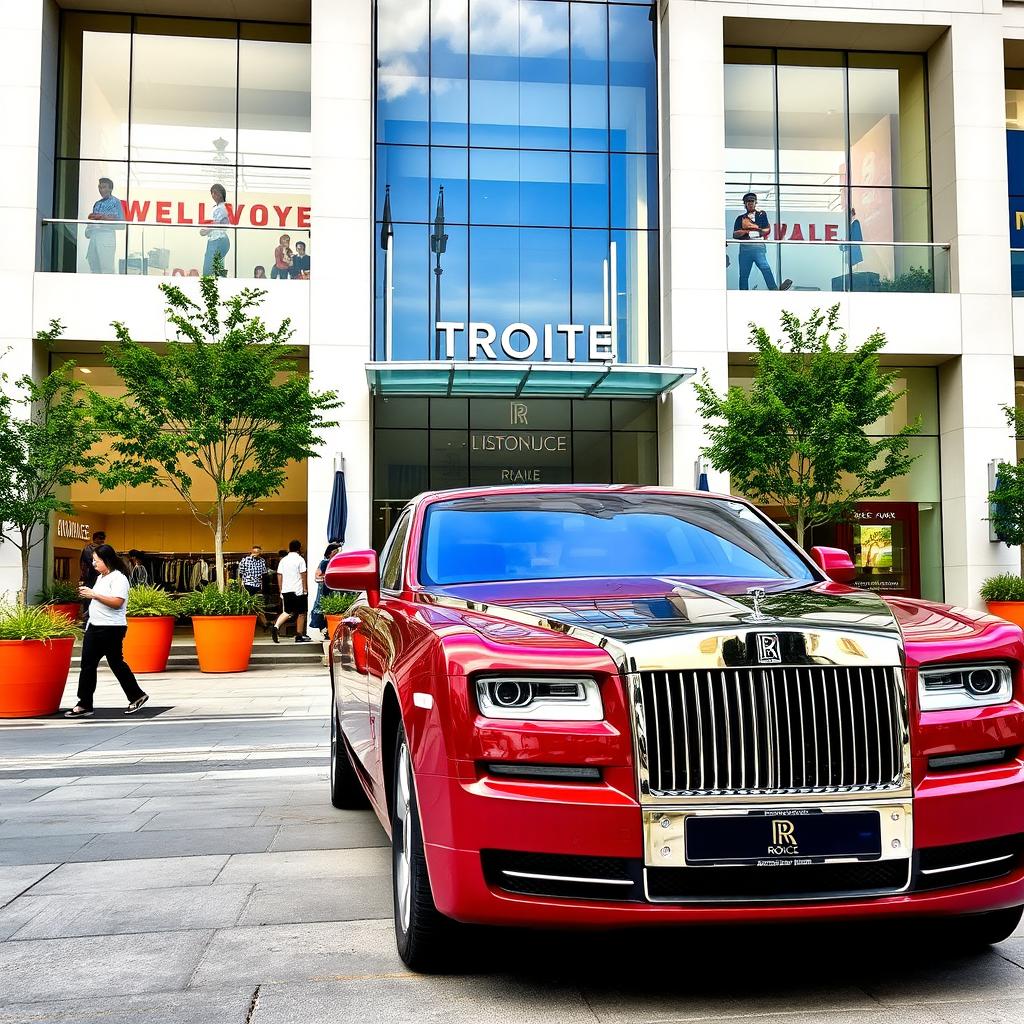 A luxurious red Rolls Royce parked in front of a modern shopping mall, showcasing its elegant design and shiny exterior