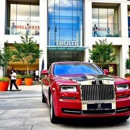 A luxurious red Rolls Royce parked in front of a modern shopping mall, showcasing its elegant design and shiny exterior