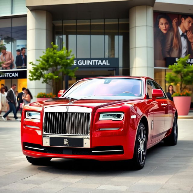 A luxurious red Rolls Royce parked in front of a modern shopping mall, showcasing its elegant design and shiny exterior