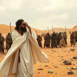 A powerful scene depicting the atmosphere in Arabia following a battle, focusing on Rasulullah wearing a flowing white cloak, solemnly catching droplets of blood from his face with his hand