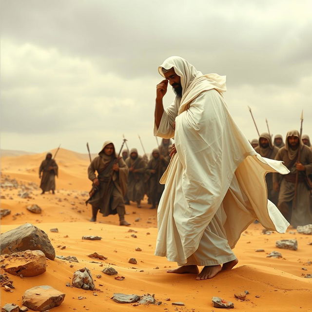 A powerful scene depicting the atmosphere in Arabia following a battle, focusing on Rasulullah wearing a flowing white cloak, solemnly catching droplets of blood from his face with his hand