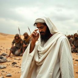 A powerful scene depicting the atmosphere in Arabia following a battle, focusing on Rasulullah wearing a flowing white cloak, solemnly catching droplets of blood from his face with his hand