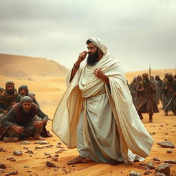 A powerful scene depicting the atmosphere in Arabia following a battle, focusing on Rasulullah wearing a flowing white cloak, solemnly catching droplets of blood from his face with his hand