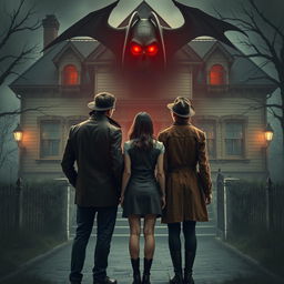 A portrait-style image featuring two young male detectives seen from the back, dressed in stylish detective attire, standing beside a young woman also viewed from the back, exuding curiosity and intrigue