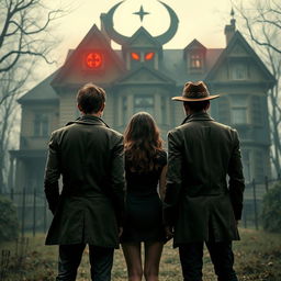 A portrait-style image featuring two young male detectives seen from the back, dressed in stylish detective attire, standing beside a young woman also viewed from the back, exuding curiosity and intrigue
