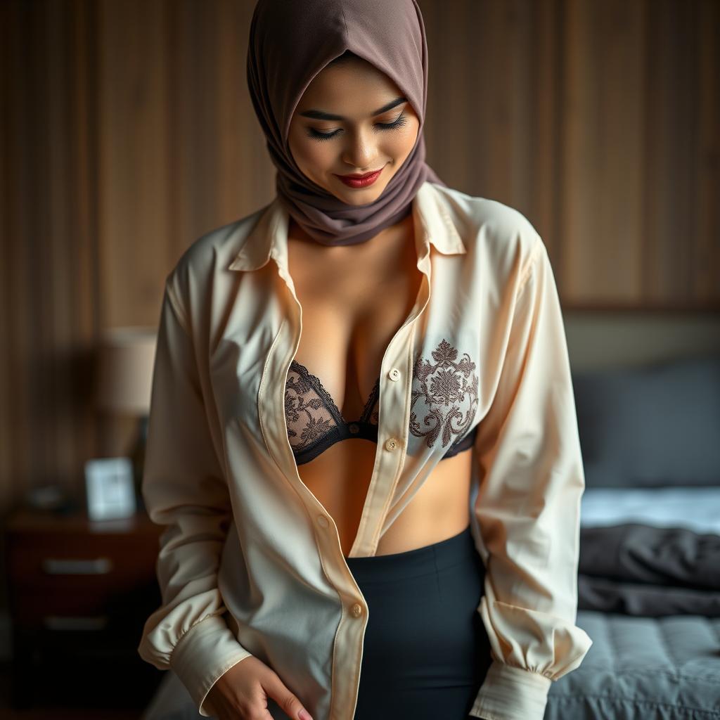 A portrait of a mature Malay woman in a hijab, wearing a blouse with all buttons open, exposing a stylish bra