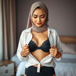 A portrait of a mature Malay woman in a hijab, wearing a blouse with all buttons open, exposing a stylish bra