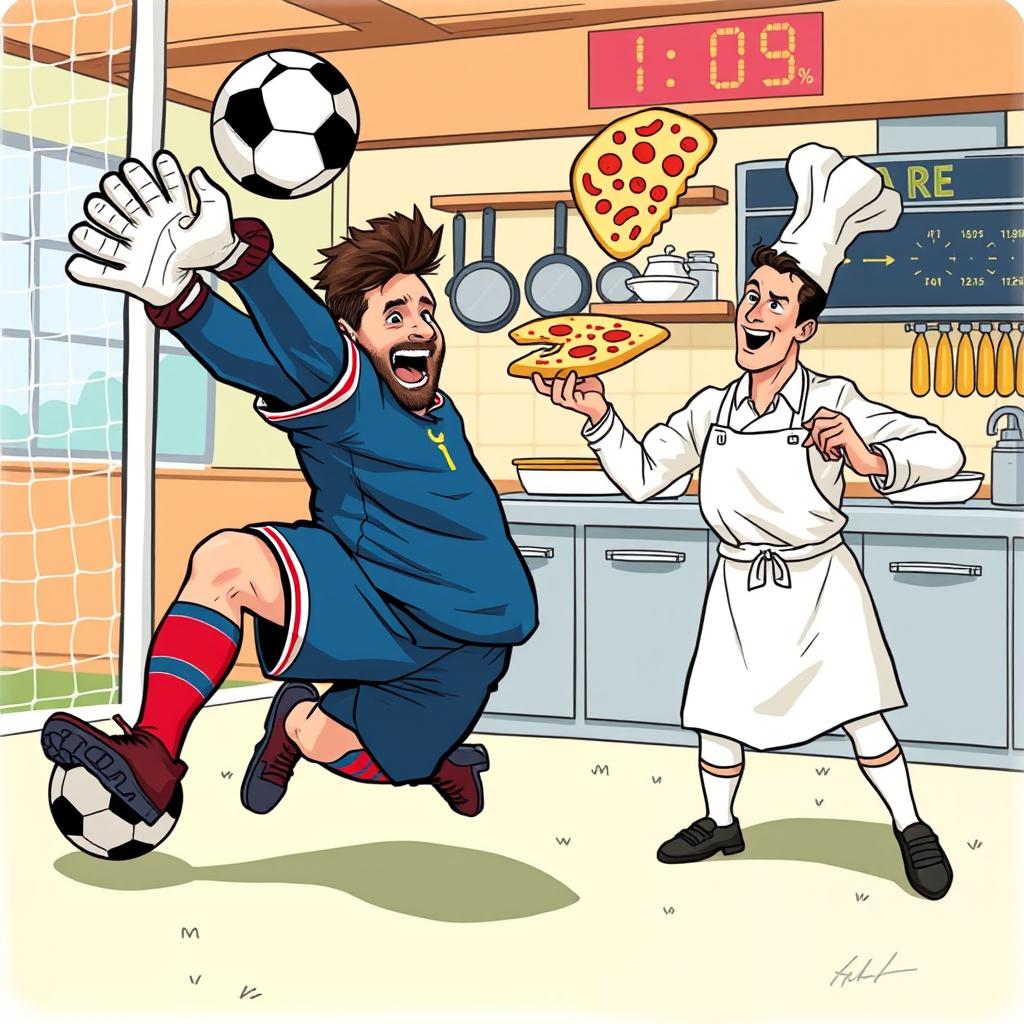 A humorous illustration depicting Lionel Messi as a goalkeeper in a soccer match