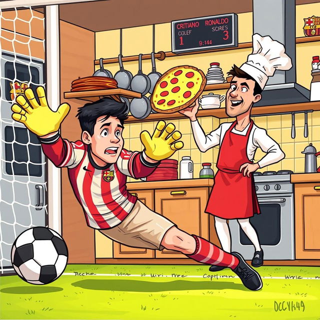 A humorous illustration depicting Lionel Messi as a goalkeeper in a soccer match