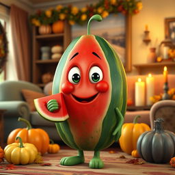 A whimsical watermelon character with expressive eyes and a smiling face, standing in a cozy living room