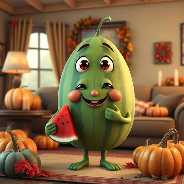 A whimsical watermelon character with expressive eyes and a smiling face, standing in a cozy living room