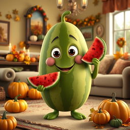 A whimsical watermelon character with expressive eyes and a smiling face, standing in a cozy living room