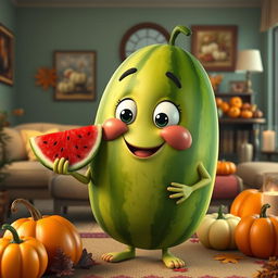 A whimsical watermelon character with expressive eyes and a smiling face, standing in a cozy living room