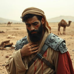 A somber scene in Arabia after a battle, depicting the aftermath of war