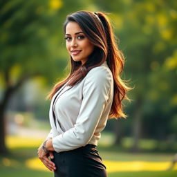 A beautifully composed image of a confident woman standing tall, showcasing perfect posture