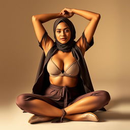 A beautiful 40-year-old actress wearing a hijab, seated gracefully and stretching her arms overhead, showcasing her elegance