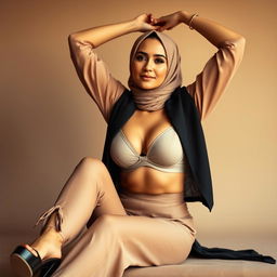 A beautiful 40-year-old actress wearing a hijab, seated gracefully and stretching her arms overhead, showcasing her elegance