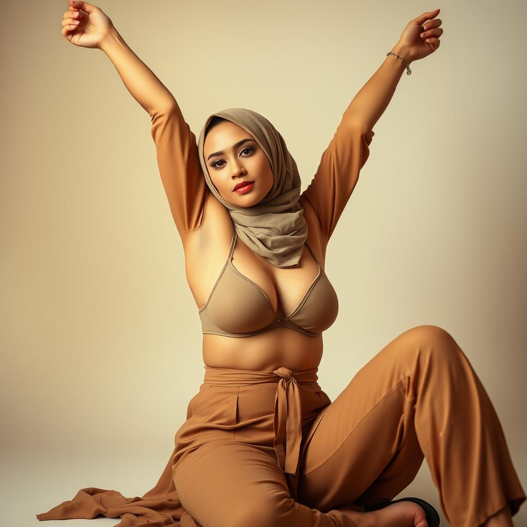 A beautiful 40-year-old actress wearing a hijab, seated gracefully and stretching her arms overhead, showcasing her elegance