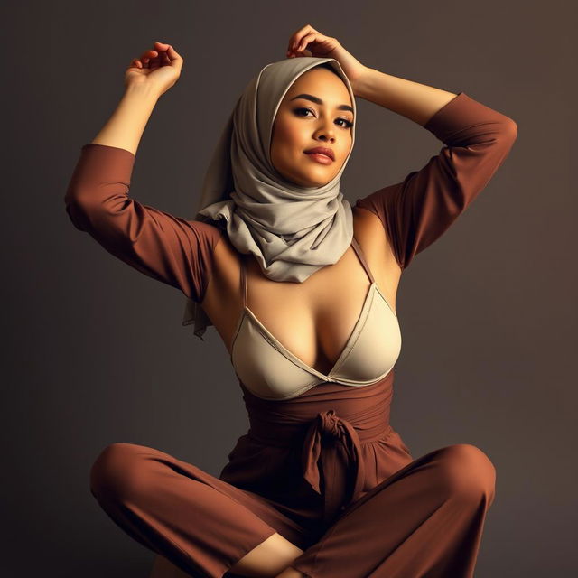 A beautiful 40-year-old actress wearing a hijab, seated gracefully and stretching her arms overhead, showcasing her elegance