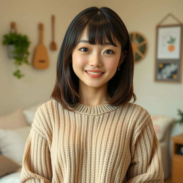 A full body shot of a 20-year-old Japanese girl with shiny, medium-length hair styled in a graduated haircut