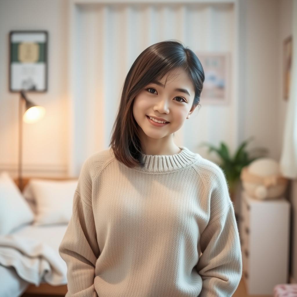 A full body shot of a 20-year-old Japanese girl with shiny, medium-length hair styled in a graduated haircut