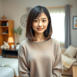 A full body shot of a 20-year-old Japanese girl with shiny, medium-length hair styled in a graduated haircut