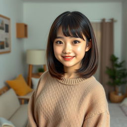 A full body shot of a 20-year-old Japanese girl with shiny, medium-length hair styled in a graduated haircut