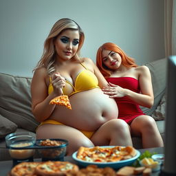 A beautiful, curvy 18-year-old girl with blonde hair and a thin face expresses a mix of sexiness and sweetness