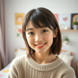 A full shot of a 20-year-old Japanese girl with a detailed, beautiful face and cute ears, standing in her cozy room