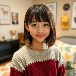 A full shot of a 20-year-old Japanese girl with a detailed, beautiful face and cute ears, standing in her cozy room