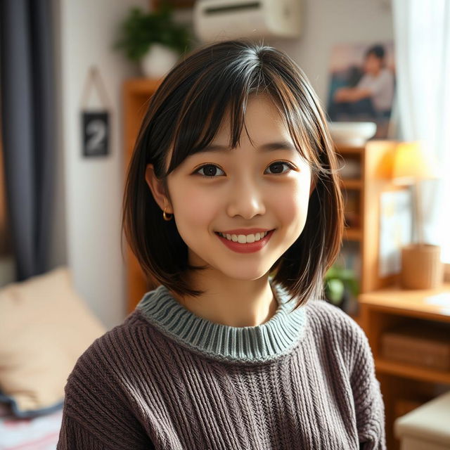 A full shot of a 20-year-old Japanese girl with a detailed, beautiful face and cute ears, standing in her cozy room