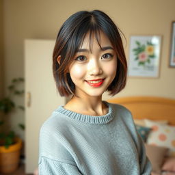 A full shot of a 20-year-old Japanese girl with a detailed, beautiful face and cute ears, standing in her cozy room