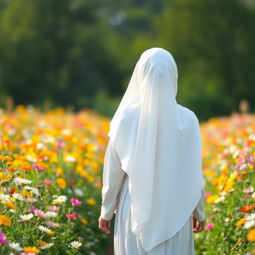 A beautiful girl wearing a white hijab, seen from behind, walking gracefully through a field of colorful flowers