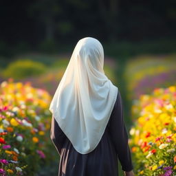 A beautiful girl wearing a white hijab, seen from behind, walking gracefully through a field of colorful flowers