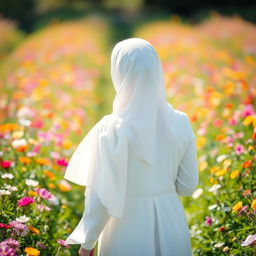 A beautiful girl wearing a white hijab, seen from behind, walking gracefully through a field of colorful flowers