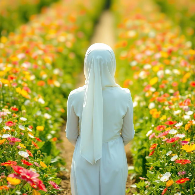 A beautiful girl wearing a white hijab, seen from behind, walking gracefully through a field of colorful flowers