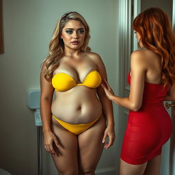 A beautiful, curvy 18-year-old girl with blonde hair and a thin face embodies a mix of sexiness and sweetness