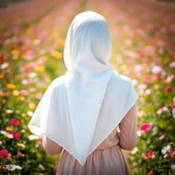 A beautiful and modest girl seen from behind, wearing a white hijab as she walks through a field of flowers