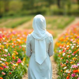 A beautiful and modest girl seen from behind, wearing a white hijab as she walks through a field of flowers