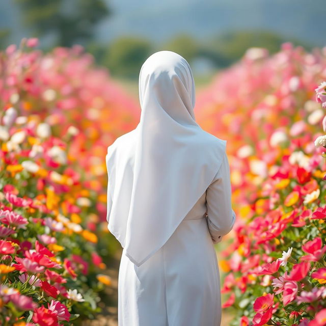 A beautiful and modest girl seen from behind, wearing a white hijab as she walks through a field of flowers