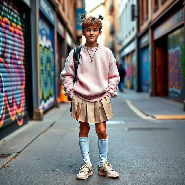 A charming young man wearing an outfit inspired by cute fashion, featuring a pastel-colored oversized sweater, a pleated skirt, and knee-high socks