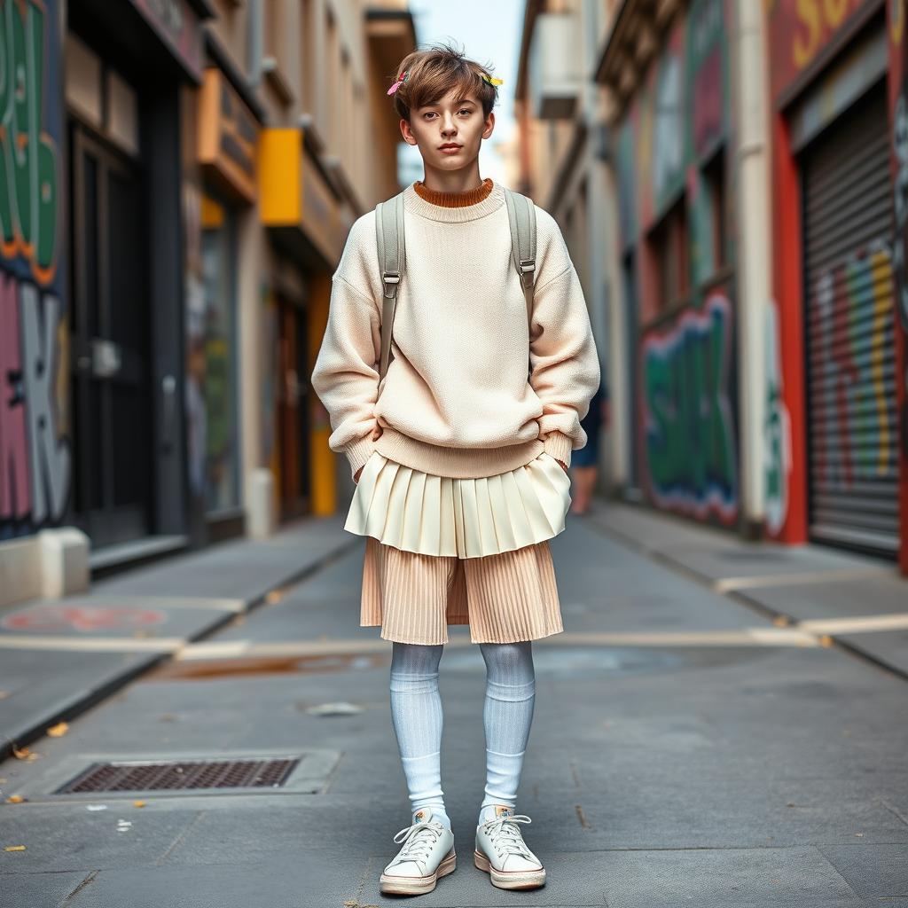 A charming young man wearing an outfit inspired by cute fashion, featuring a pastel-colored oversized sweater, a pleated skirt, and knee-high socks